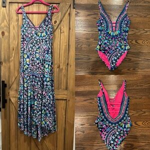Lilly Pulitzer “Glow & Flow” One-Piece Swimsuit (2) & Matching Coverup (Small)